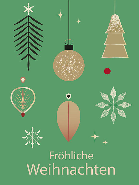 Grafische Weihnachtskarte mit grünem Hintergrund. In der Mitte und rundherum sind stilisierte Weihnachtsornamente wie Kugeln, Tannenzweig, abstrakte Baumformen, Sterne und Schneeflocken in Gold-, Beige- und Rot-Tönen angeordnet. Unten steht in heller Schrift ‚Fröhliche Weihnachten‘.