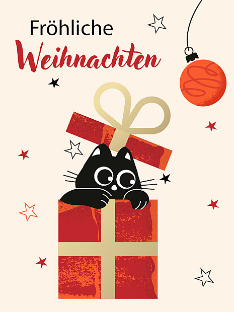 Illustration auf hellem Hintergrund mit dem Schriftzug ‚Fröhliche Weihnachten‘ in schwarzer und roter Schrift oben links. Im Zentrum sitzt eine schwarze Katze mit großen Augen in einer geöffneten roten Geschenkbox mit goldener Schleife. Um die Box sind rote und schwarze Sternchen verteilt, und oben rechts hängt eine rote Weihnachtskugel.