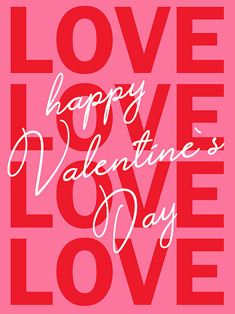 Grafik mit dem großflächig wiederholten Wort „LOVE“ im Hintergrund und dem darüber platzierten handschriftlichen Schriftzug „happy Valentine’s Day“ auf pinkem Hintergrund.